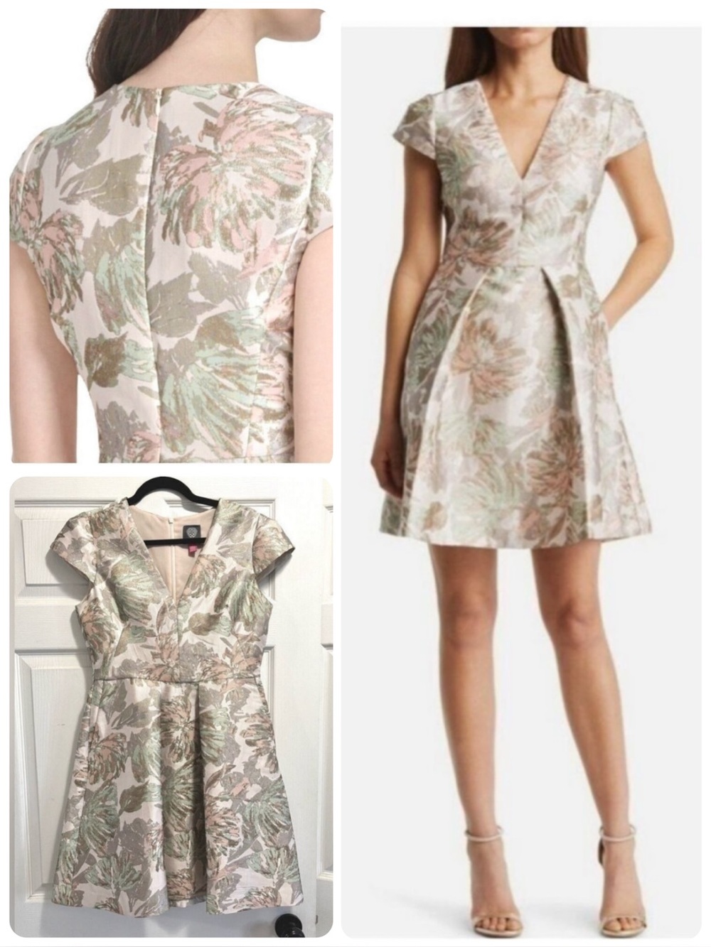 VINCE CAMUTO Blush Metallic Jacquard Pleated Cap Sleeve Fit & Flare Dress Sz 6